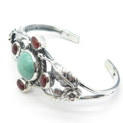 925 Sterling Silver Vintage Turquoise & Carnelian Gem Leaf Cuff Bracelet 7.25"