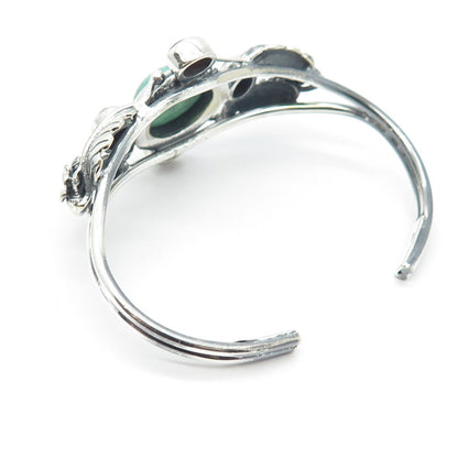 925 Sterling Silver Vintage Turquoise & Carnelian Gem Leaf Cuff Bracelet 7.25"