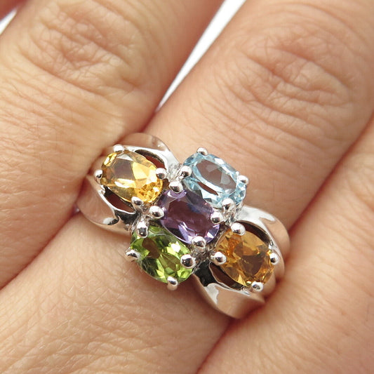 925 Sterling Silver Vintage Amethyst Citrine Peridot Topaz Gem Ring Size 8.25