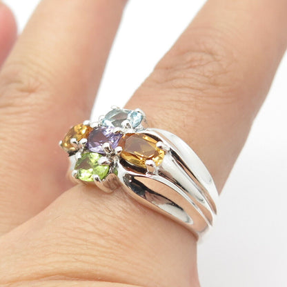 925 Sterling Silver Vintage Amethyst Citrine Peridot Topaz Gem Ring Size 8.25