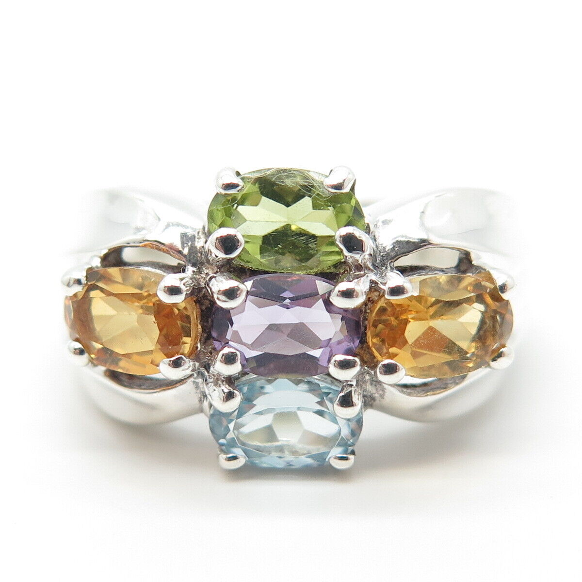 925 Sterling Silver Vintage Amethyst Citrine Peridot Topaz Gem Ring Size 8.25