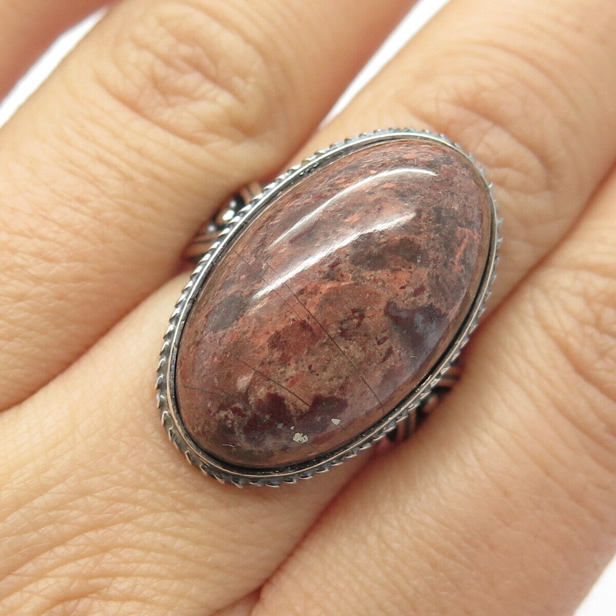 925 Sterling Silver Vintage Real Picture Jasper Gemstone Statement Ring Size 7.5