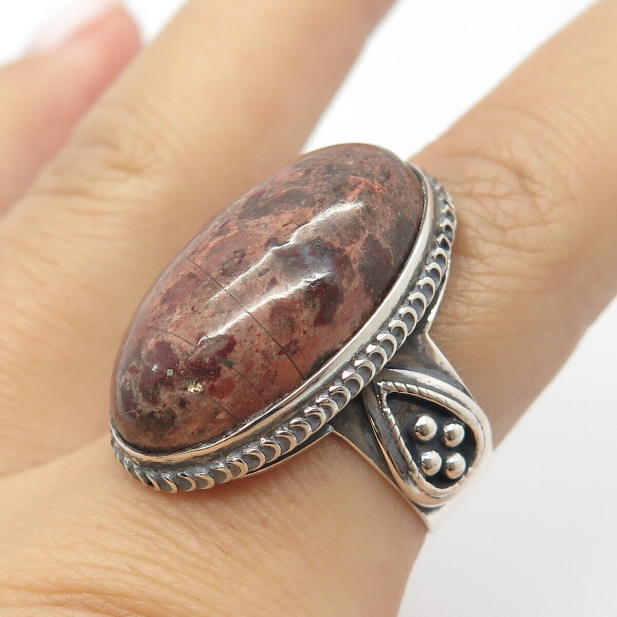 925 Sterling Silver Vintage Real Picture Jasper Gemstone Statement Ring Size 7.5