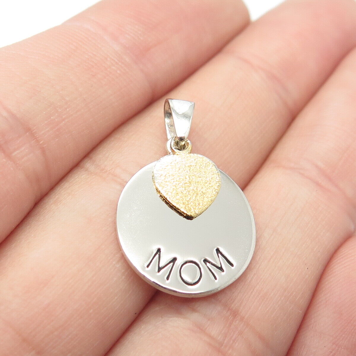 925 Sterling Silver 2-Tone "Mom" Heart Love Pendant