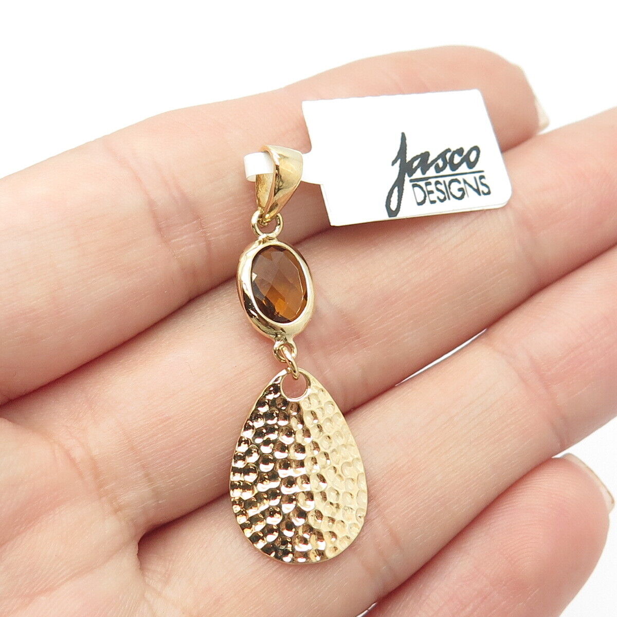 925 Sterling Silver Gold Plated Real Citrine Gemstone Hammered Finish Pendant