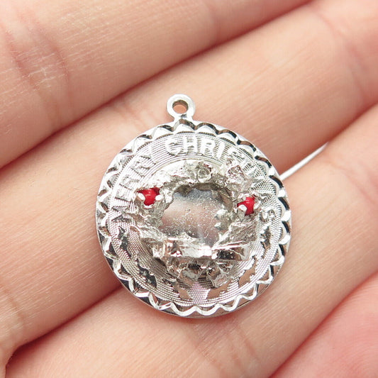 925 Sterling Silver Vintage Elco Real Coral "Merry Christmas" Wreath Pendant