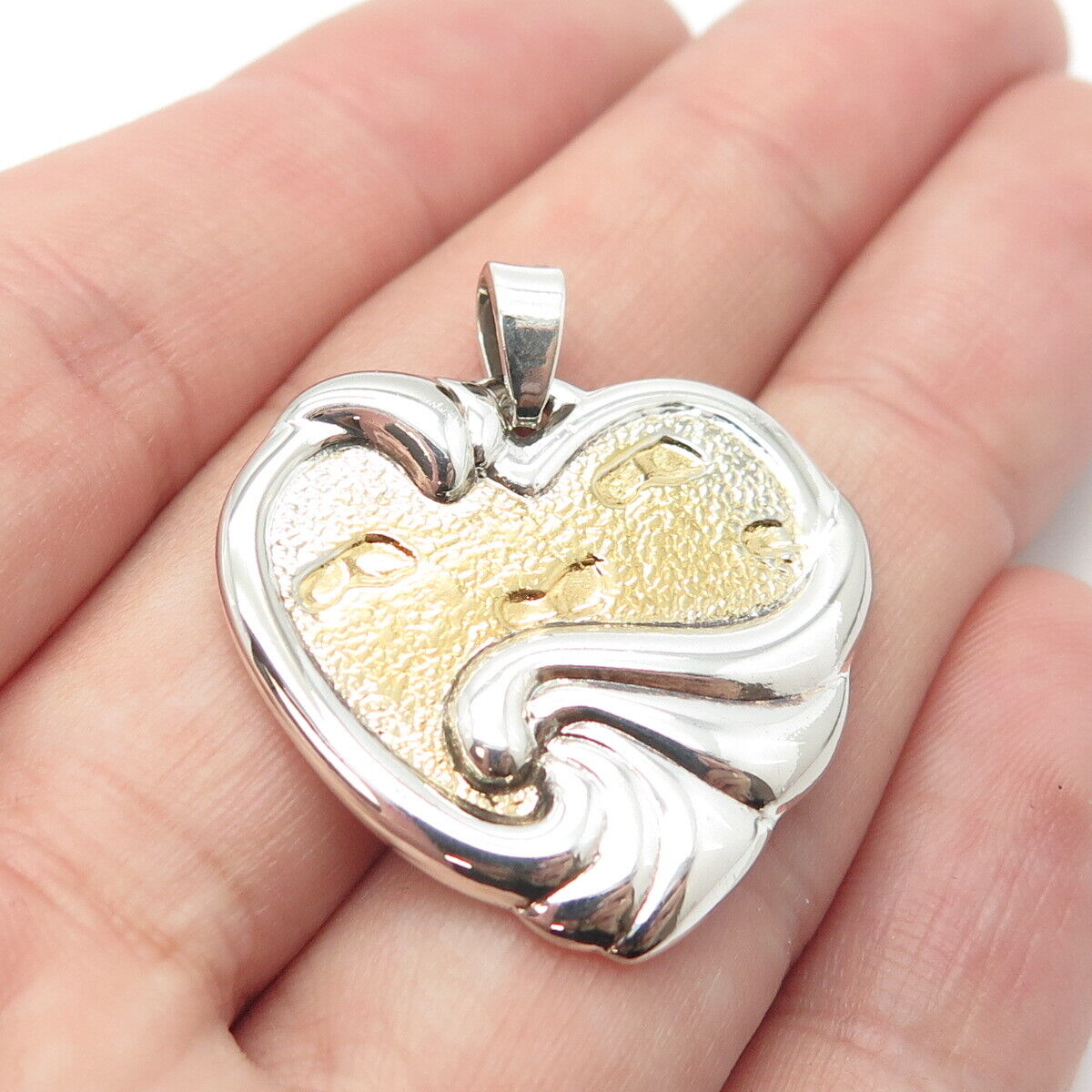 925 Sterling Silver 2-Tone Vintage Gorham Footprints Prayer Heart Pendant