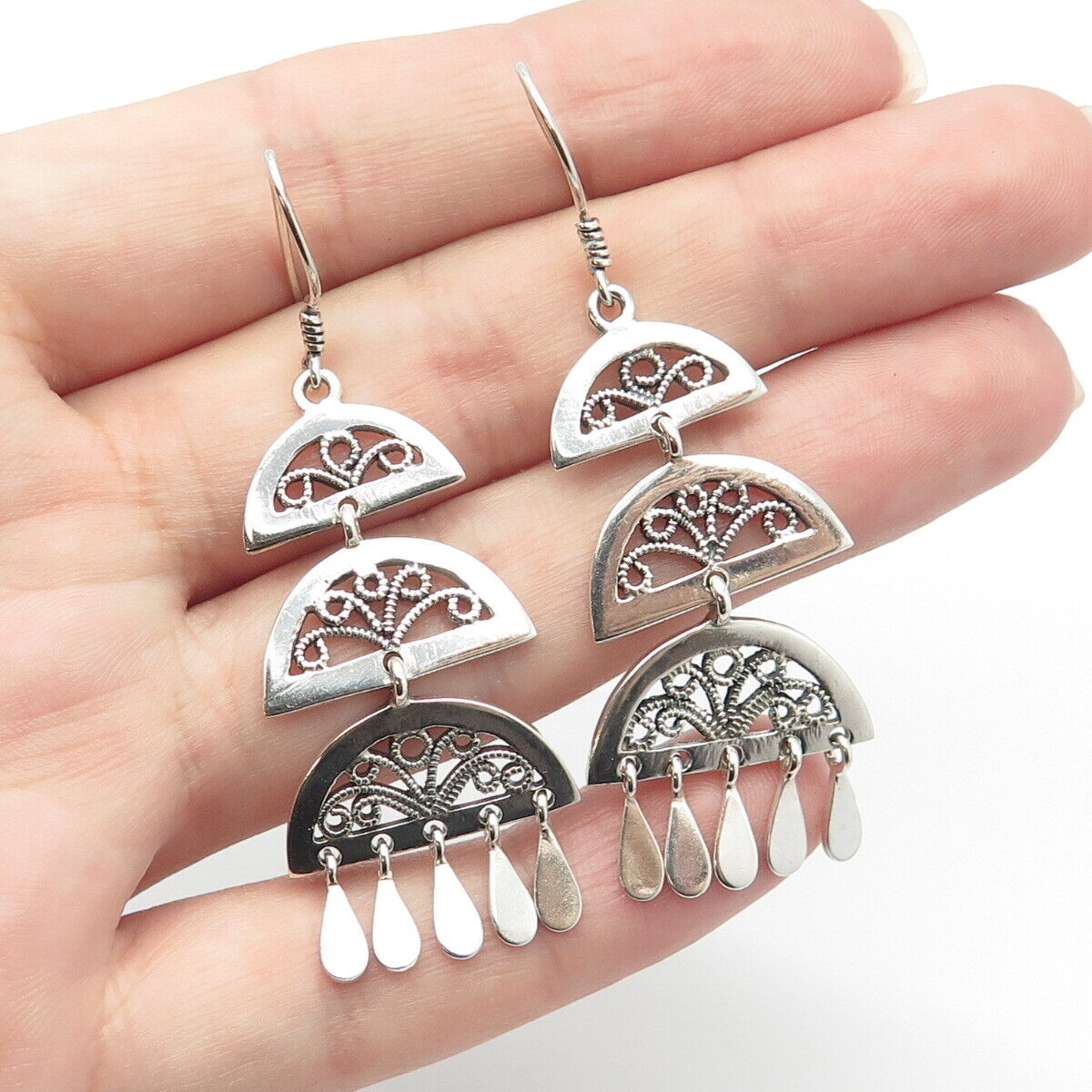 925 Sterling Silver Ornate Dangling Hook Earrings