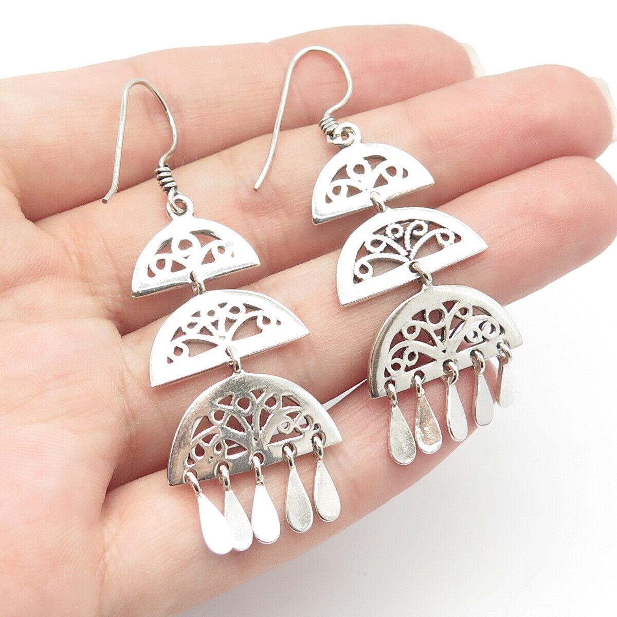 925 Sterling Silver Ornate Dangling Hook Earrings