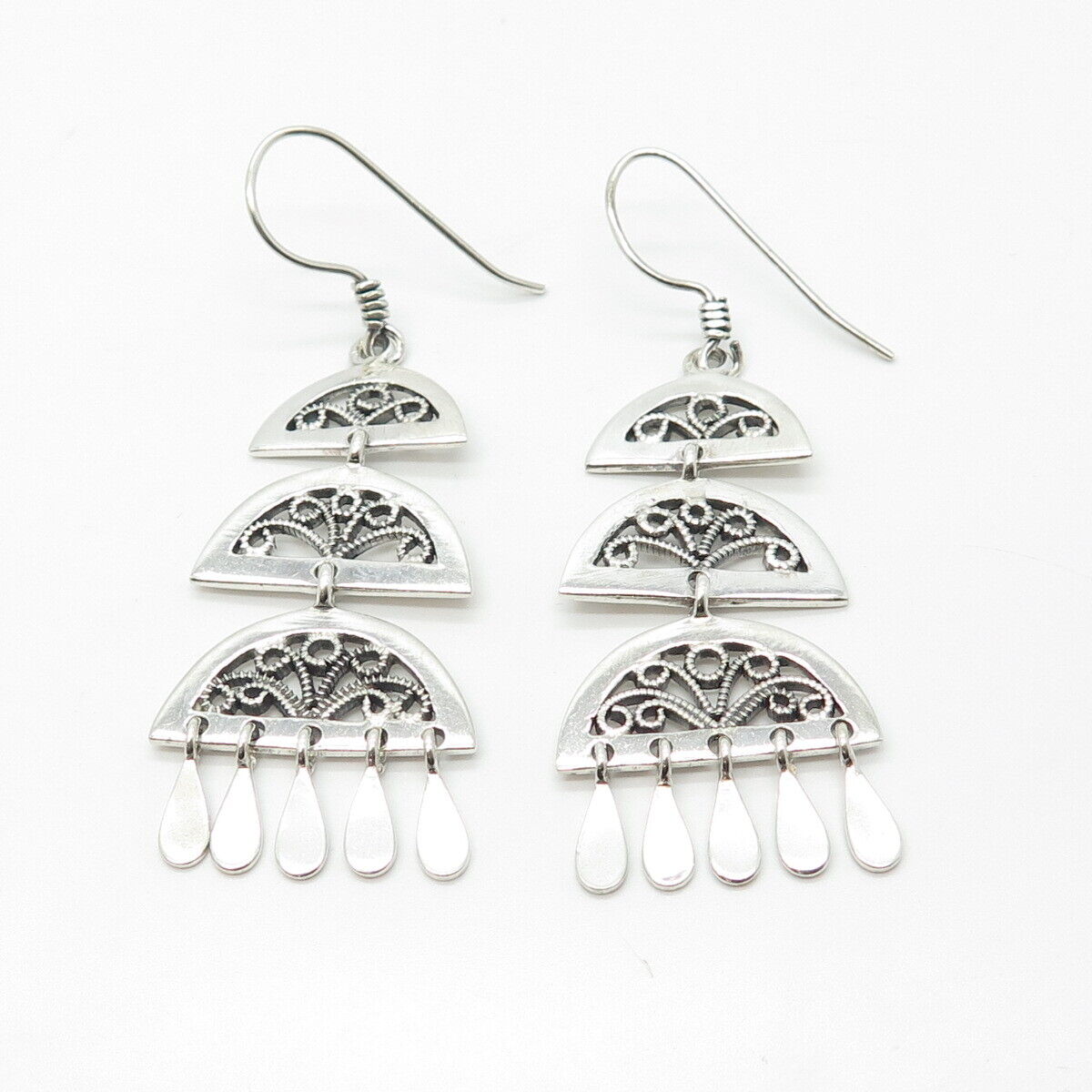 925 Sterling Silver Ornate Dangling Hook Earrings