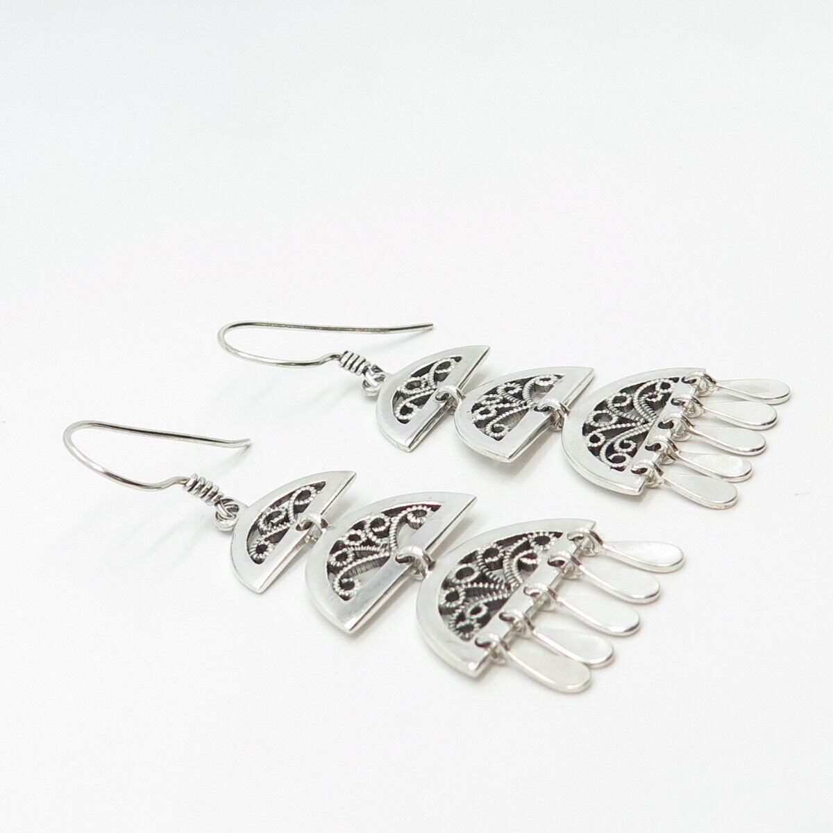 925 Sterling Silver Ornate Dangling Hook Earrings