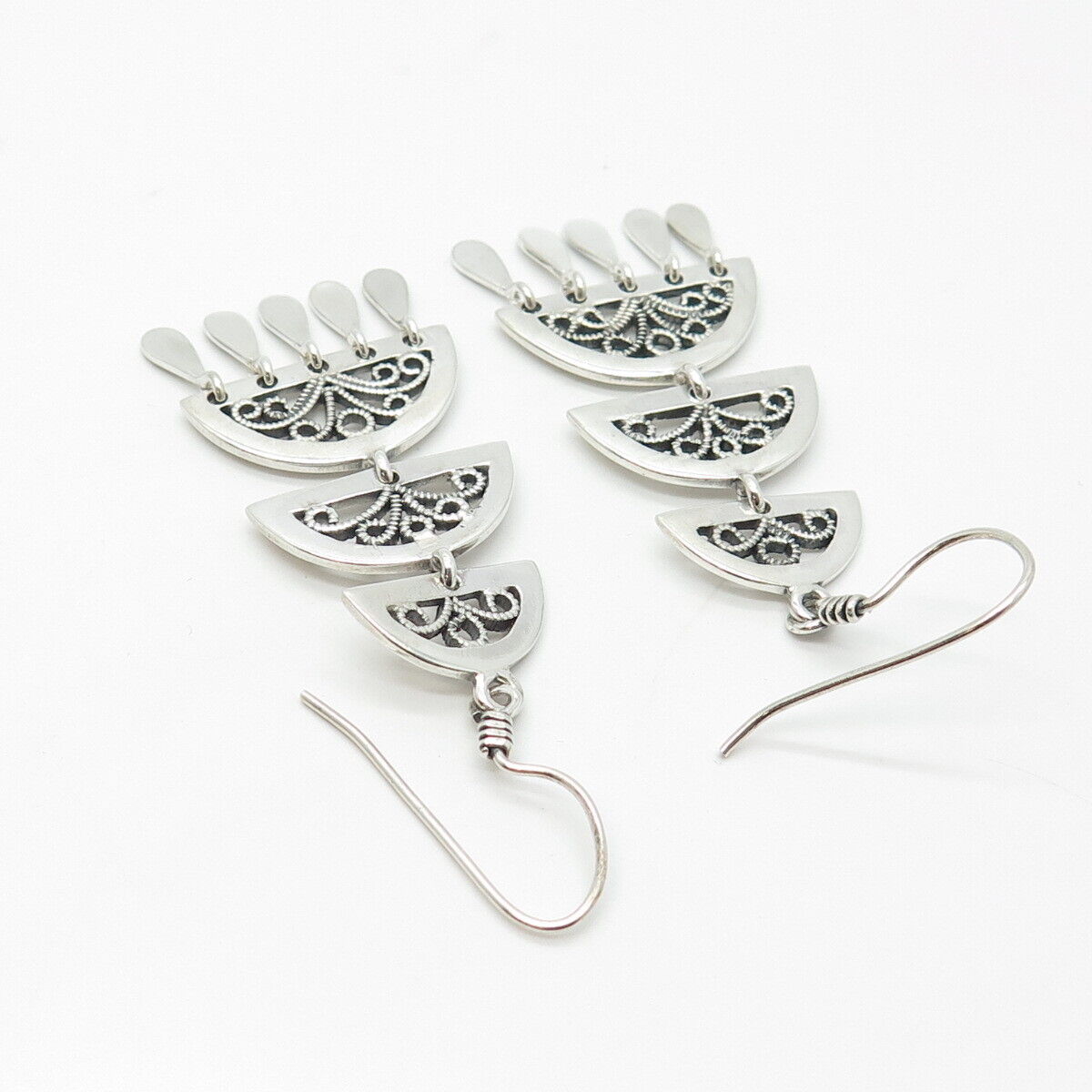 925 Sterling Silver Ornate Dangling Hook Earrings