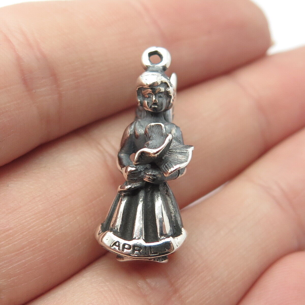 925 Sterling Silver Vintage "April" Girl w/Wings Pendant