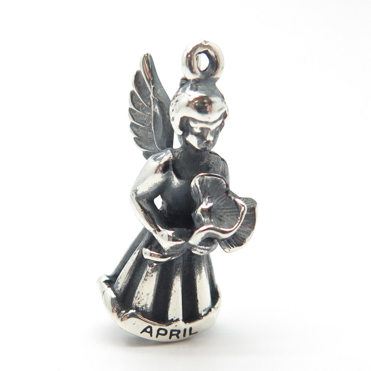 925 Sterling Silver Vintage "April" Girl w/Wings Pendant