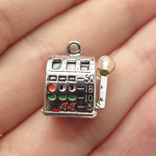 925 Sterling Silver Vintage Enamel Slot Machine for Good Luck Movable Pendant