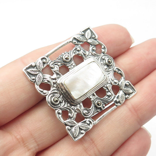 925 Sterling Silver Vintage Mother of Pearl & Marcasite Floral Square Pin Brooch