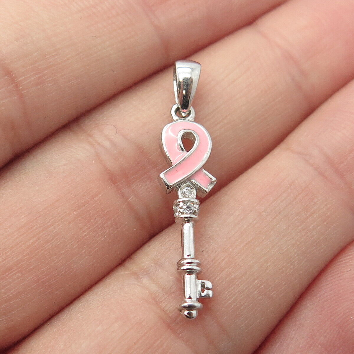 925 Sterling Silver Pink Enamel & C Z Key Pendant