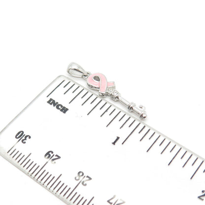 925 Sterling Silver Pink Enamel & C Z Key Pendant