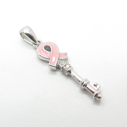 925 Sterling Silver Pink Enamel & C Z Key Pendant