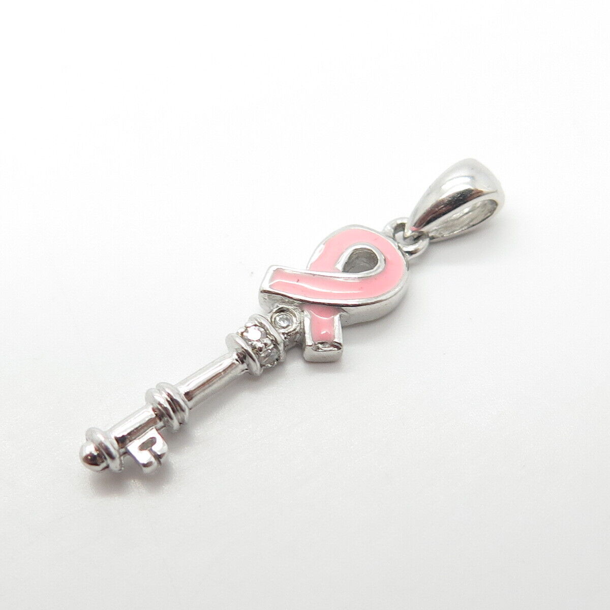 925 Sterling Silver Pink Enamel & C Z Key Pendant