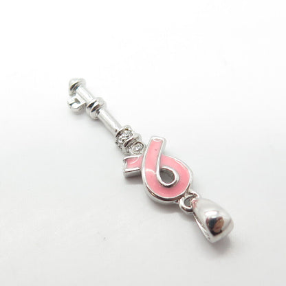 925 Sterling Silver Pink Enamel & C Z Key Pendant