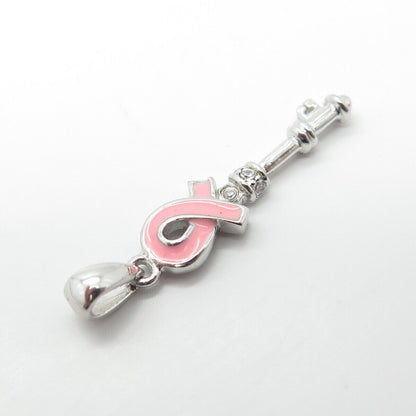 925 Sterling Silver Pink Enamel & C Z Key Pendant