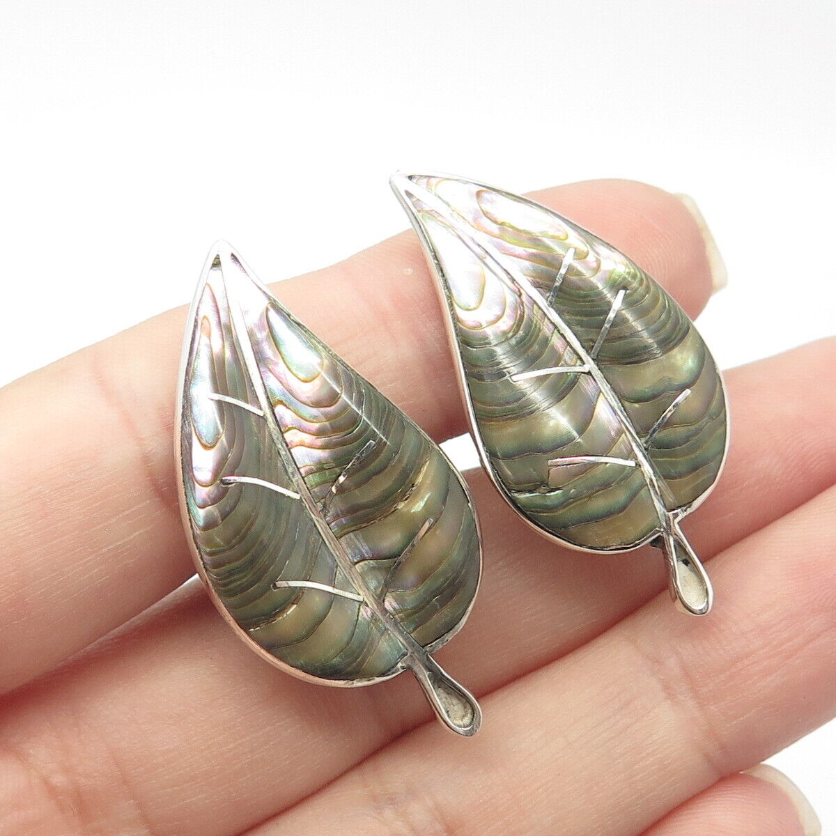 925 Sterling Silver Vintage Mexico Cuermor Ley Abalone Shell Screw Back Earrings