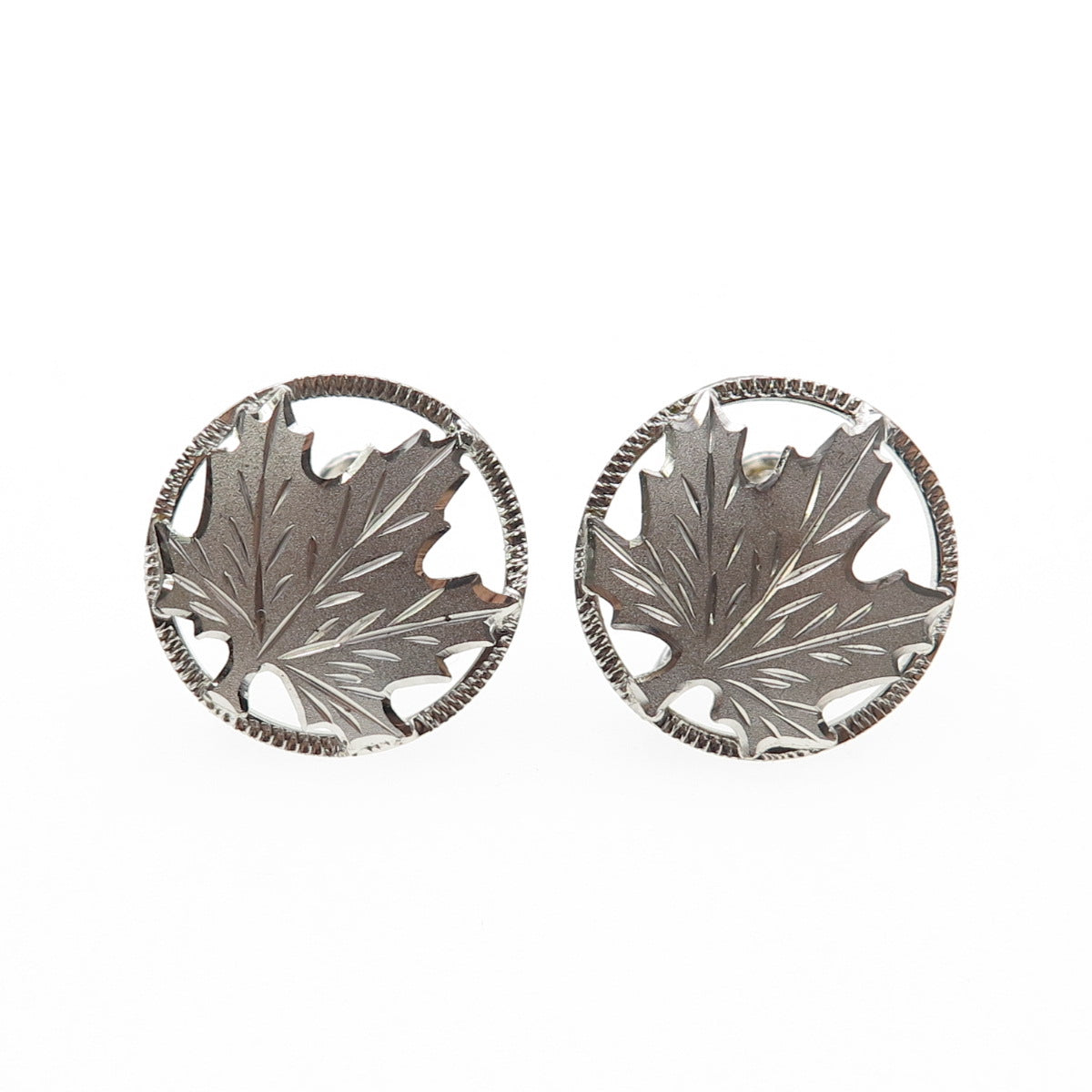 925 Sterling Silver Antique Art Deco Maple Leaf Screw Back Earrings