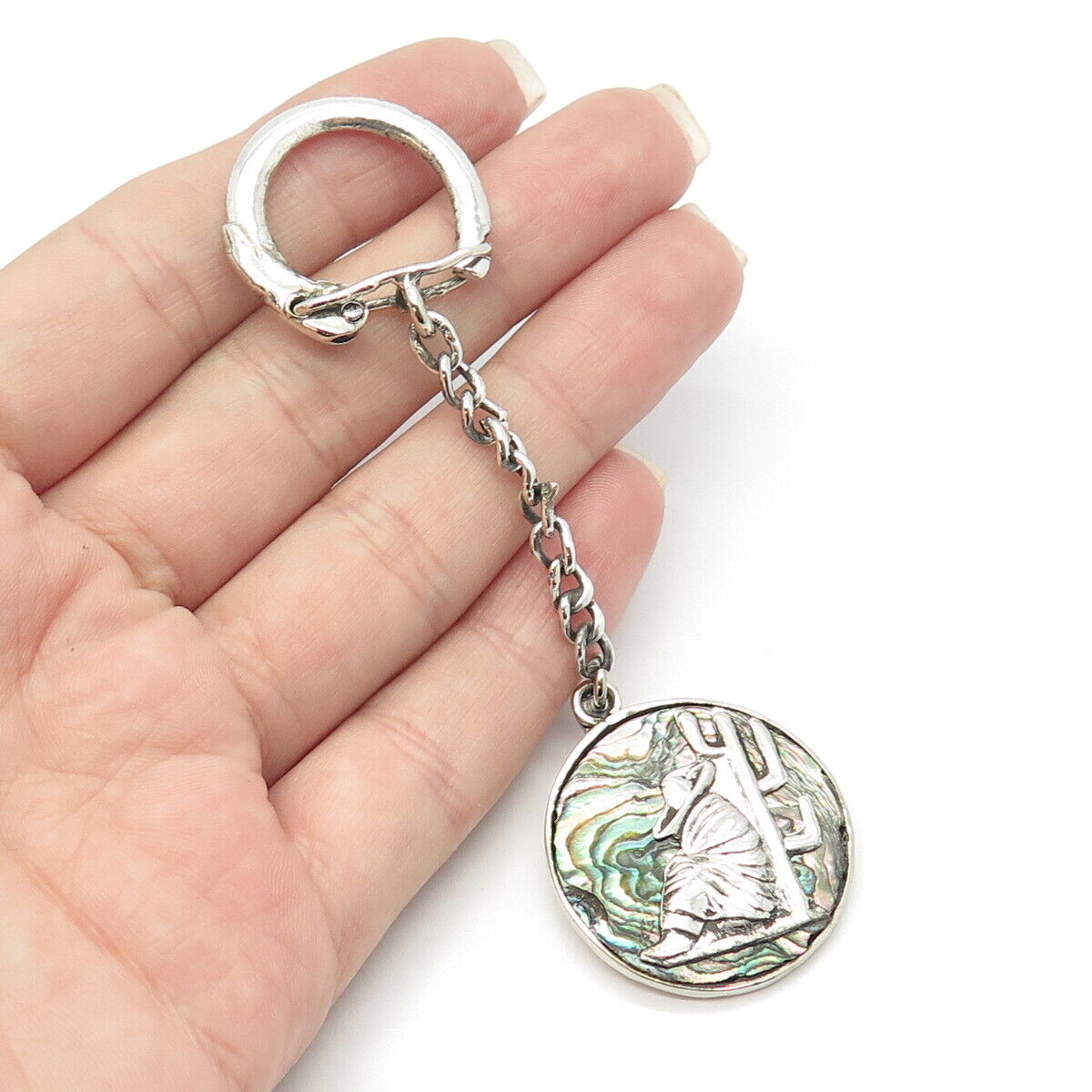 800 Silver Vintage Mexico Real Abalone Shell Wanderer Key Ring w/Chain