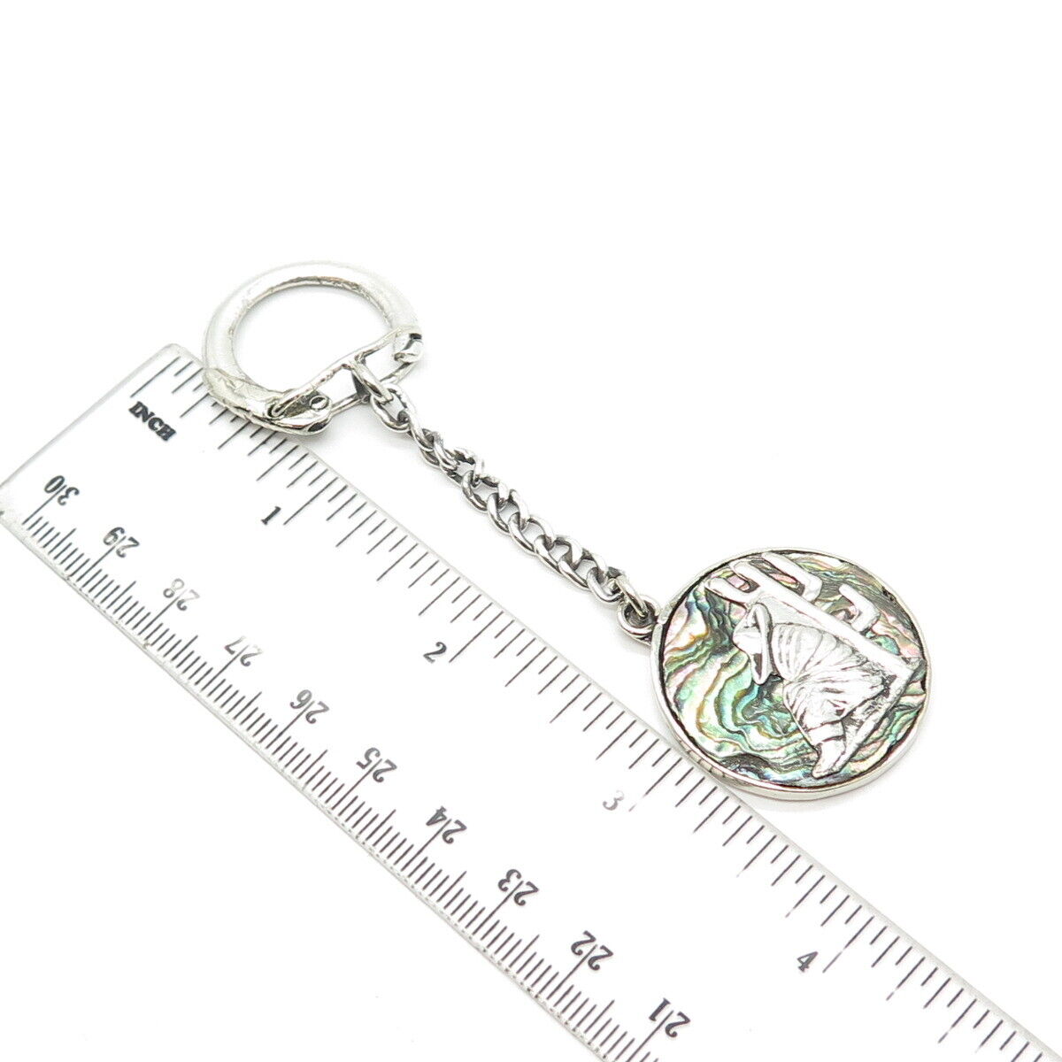 800 Silver Vintage Mexico Real Abalone Shell Wanderer Key Ring w/Chain