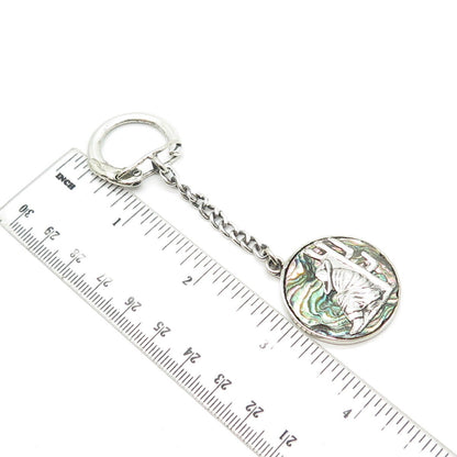 800 Silver Vintage Mexico Real Abalone Shell Wanderer Key Ring w/Chain