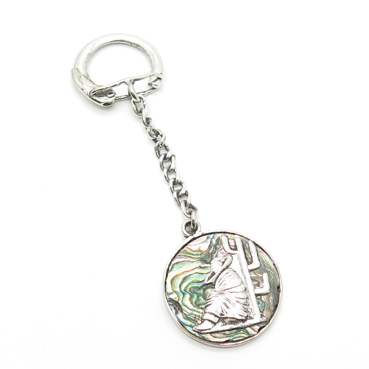 800 Silver Vintage Mexico Real Abalone Shell Wanderer Key Ring w/Chain