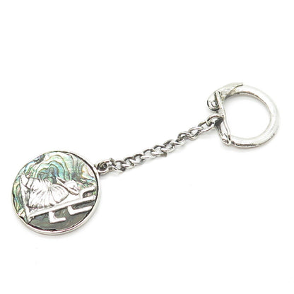 800 Silver Vintage Mexico Real Abalone Shell Wanderer Key Ring w/Chain