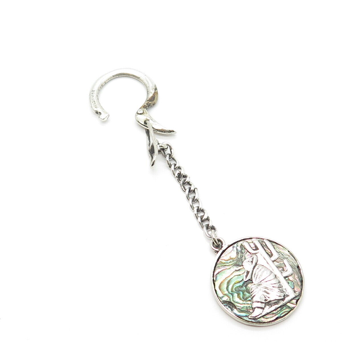 800 Silver Vintage Mexico Real Abalone Shell Wanderer Key Ring w/Chain