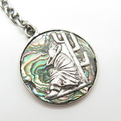 800 Silver Vintage Mexico Real Abalone Shell Wanderer Key Ring w/Chain