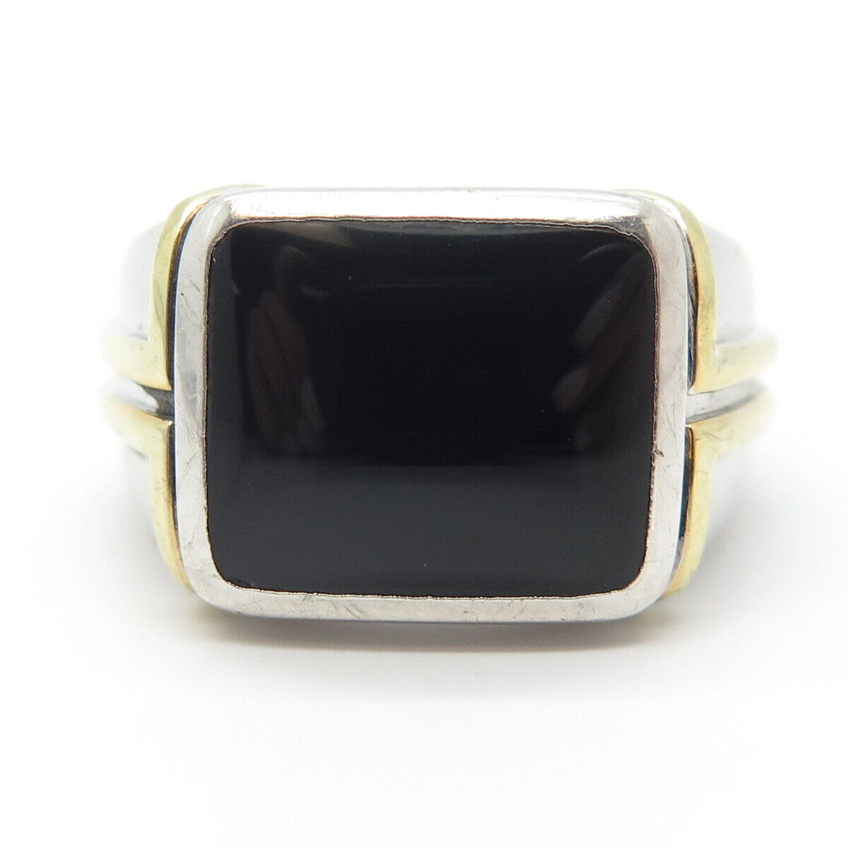 925 Sterling Silver 2-Tone Vintage Real Black Onyx Gemstone Ring Size 10.75