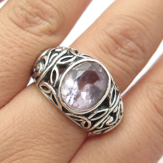 925 Sterling Silver Vintage Real Amethyst Gemstone Ornate Ring Size 7.75