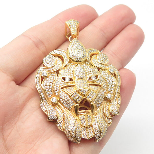 925 Sterling Silver Gold Plated Pave C Z Lion Pendant