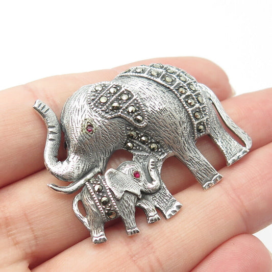 925 Sterling Silver Vintage Ruby & Marcasite Gem Elephant Mother & Baby Brooch