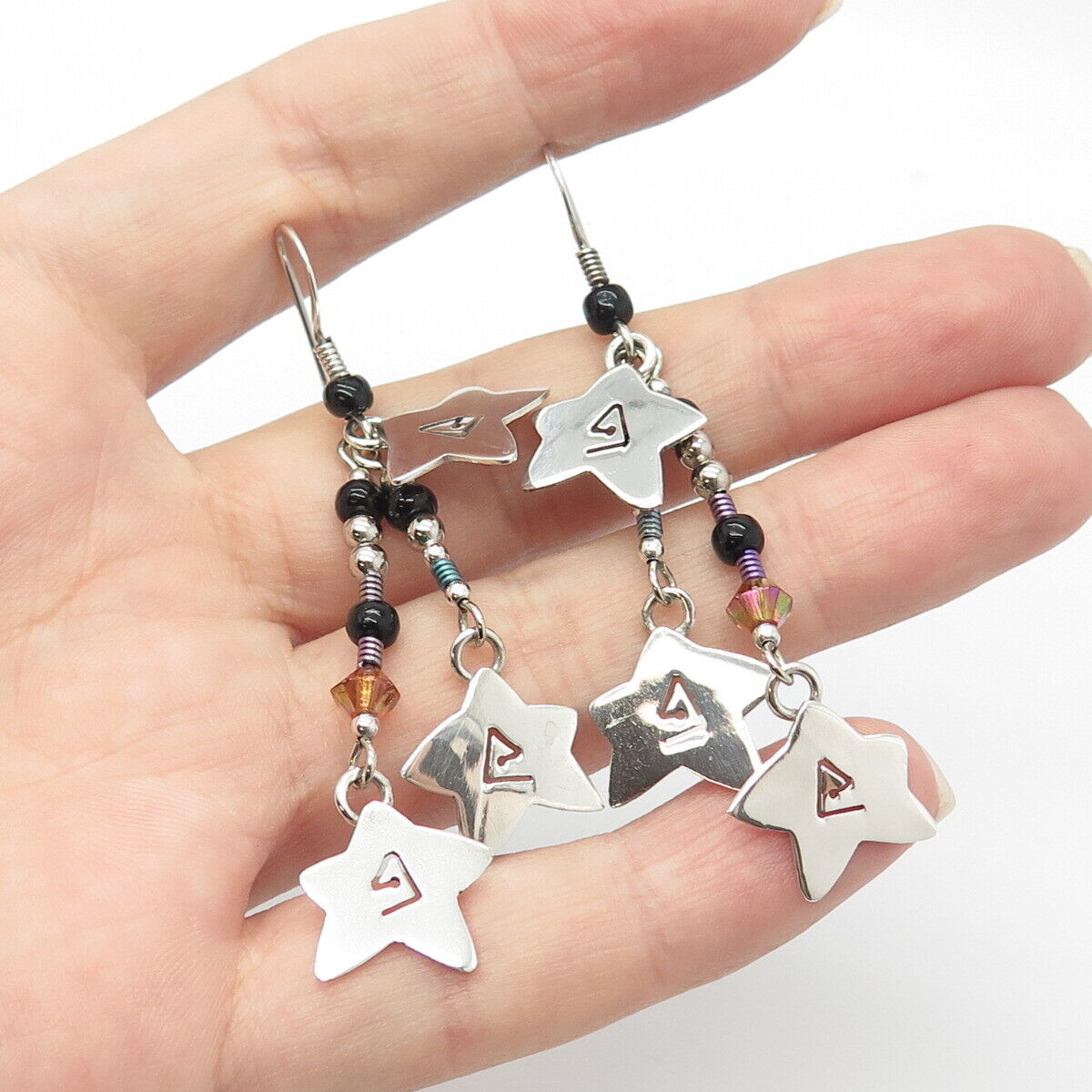 925 Sterling Silver Vintage Real Black Onyx Gem & Crystal Star Dangling Earrings