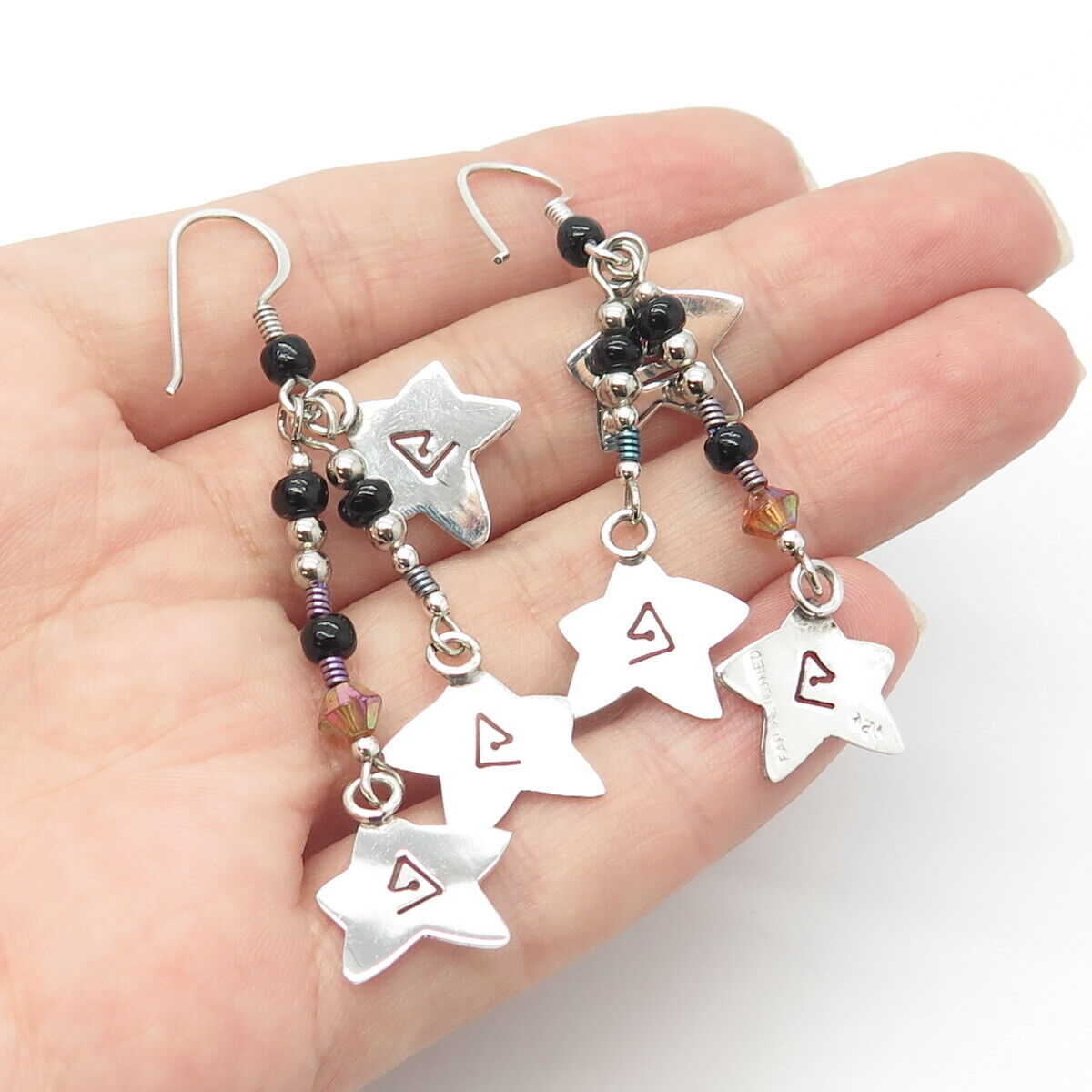 925 Sterling Silver Vintage Real Black Onyx Gem & Crystal Star Dangling Earrings