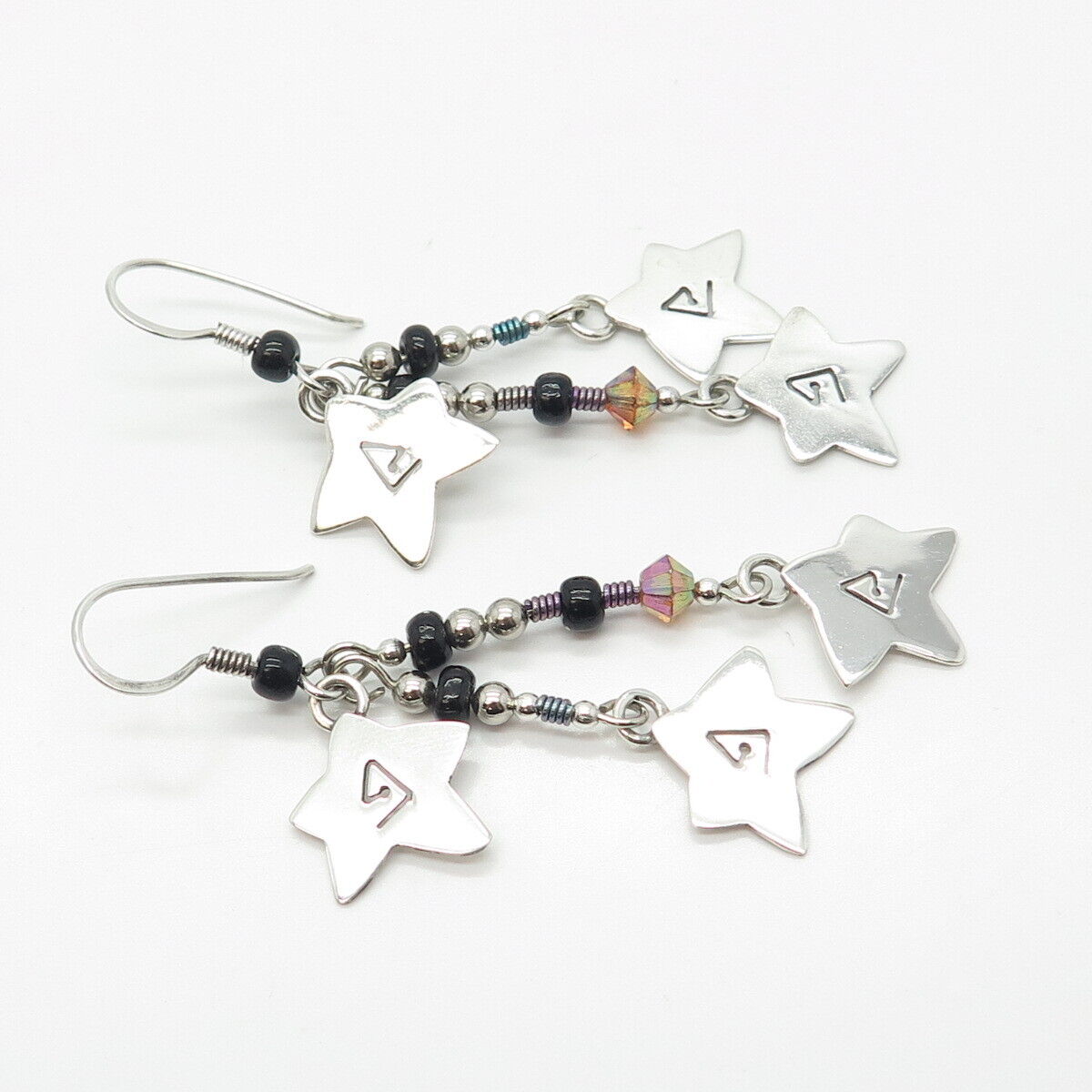 925 Sterling Silver Vintage Real Black Onyx Gem & Crystal Star Dangling Earrings