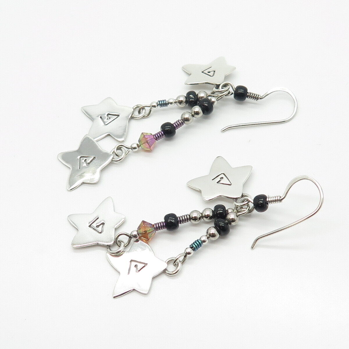 925 Sterling Silver Vintage Real Black Onyx Gem & Crystal Star Dangling Earrings