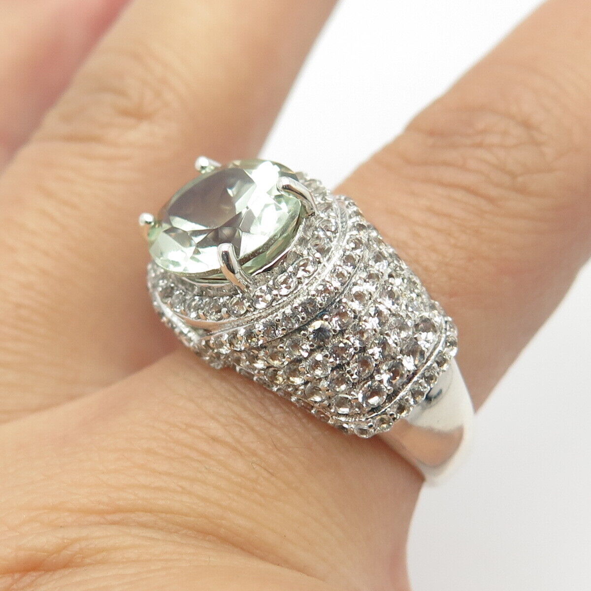 925 Sterling Silver Real White Topaz & Green Amethyst Gemstone Ring Size 8.25