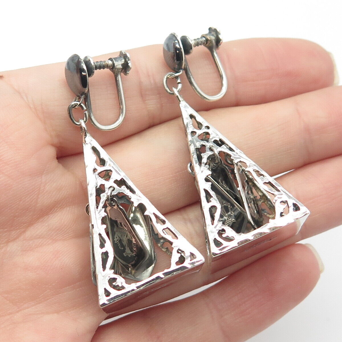 925 Sterling Silver Vintage Siam Hindu Screw Back Earrings