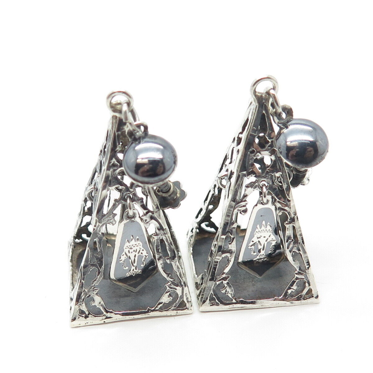 925 Sterling Silver Vintage Siam Hindu Screw Back Earrings