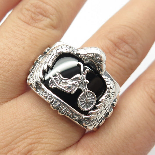 925 Sterling Silver Vintage Real Black Onyx Gem Motorcycle Eagle Ring Size 12.5