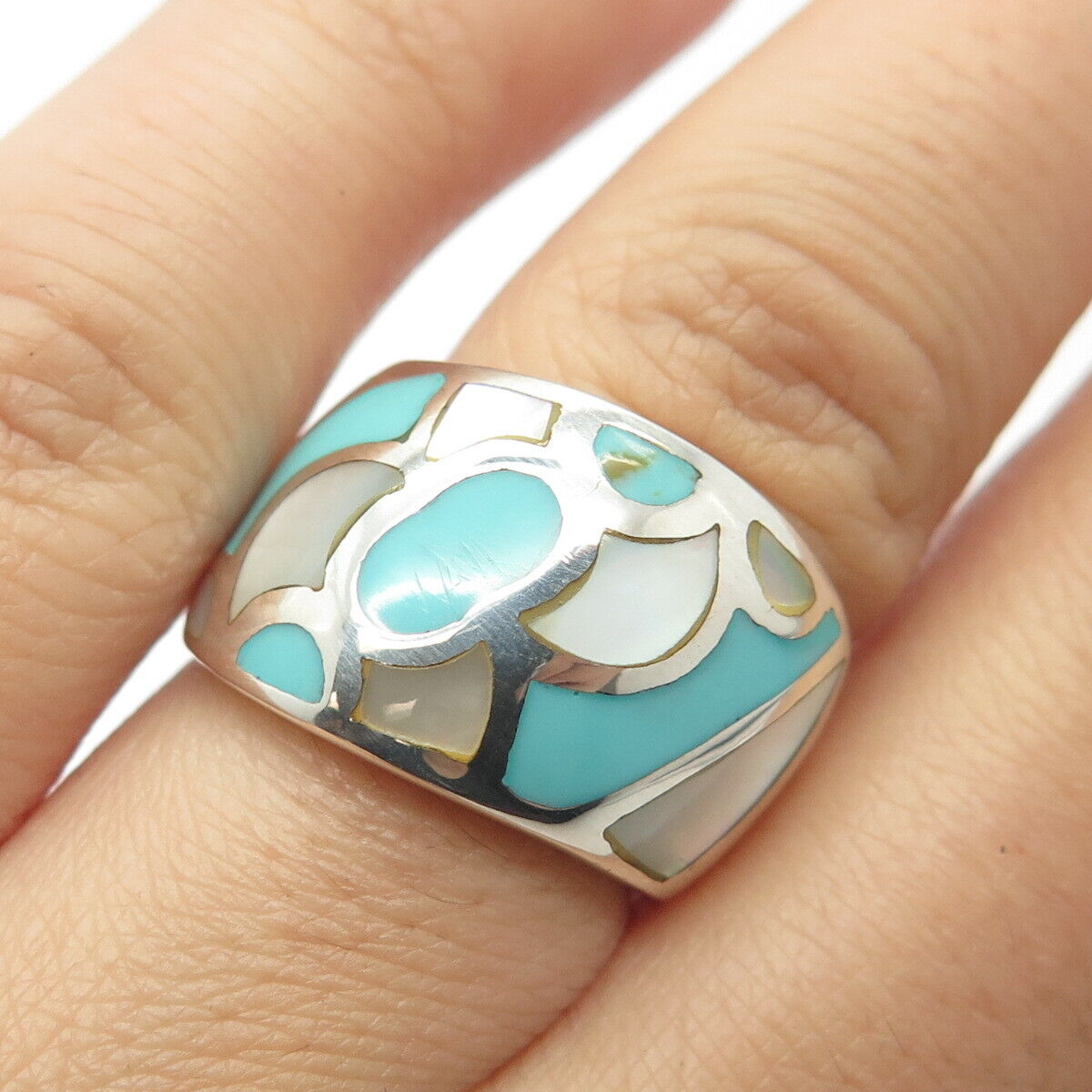 925 Sterling Silver Vintage Real Mother-of-Pearl & Turquoise Gem Ring Size 5.75