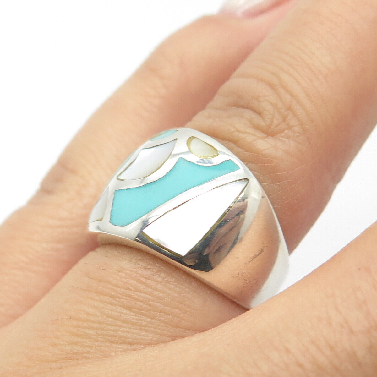 925 Sterling Silver Vintage Real Mother-of-Pearl & Turquoise Gem Ring Size 5.75