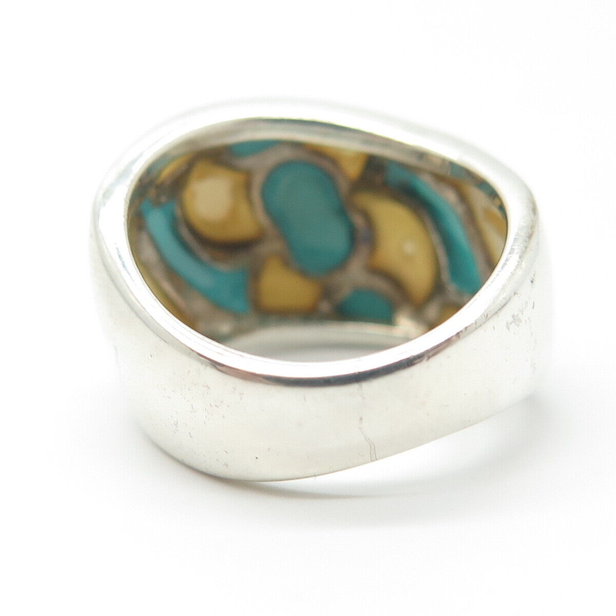 925 Sterling Silver Vintage Real Mother-of-Pearl & Turquoise Gem Ring Size 5.75